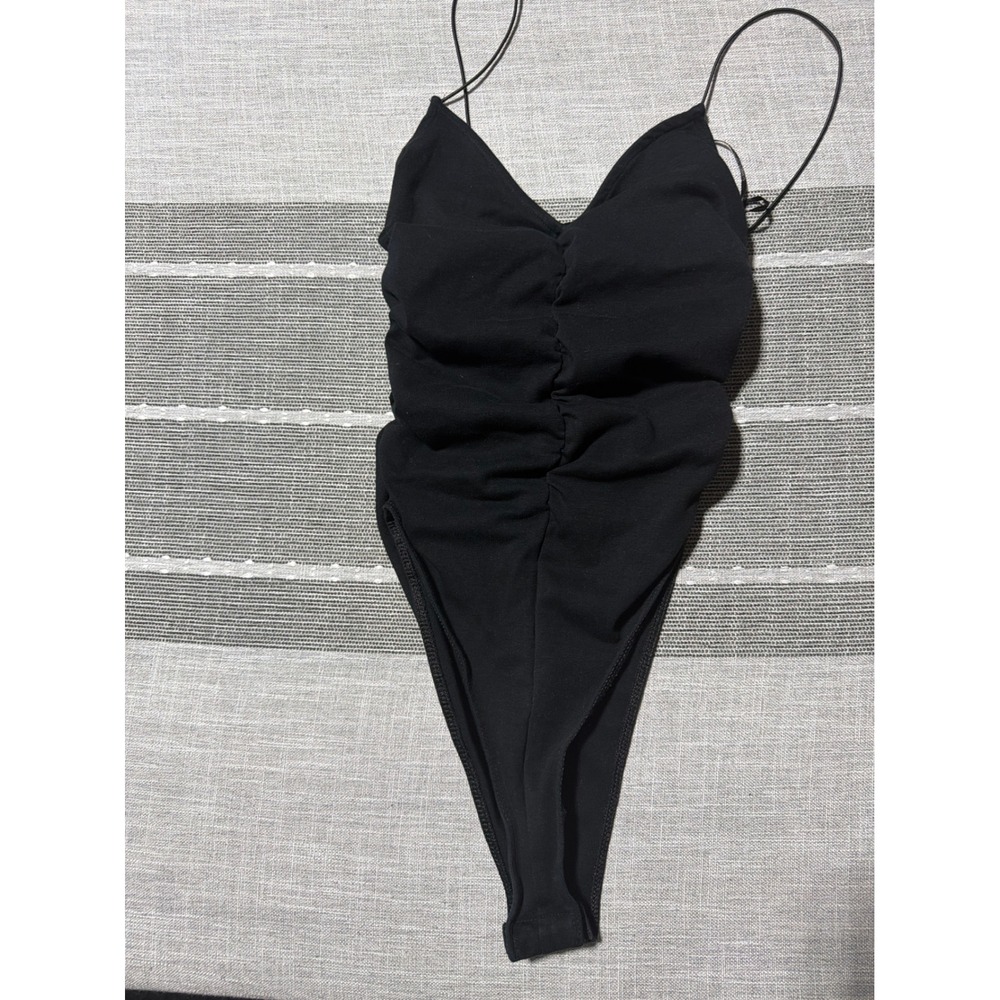 Zara Black Ruched Spaghetti Strap High‎ Cut Bodysuit Sleeveless V-Neck Top